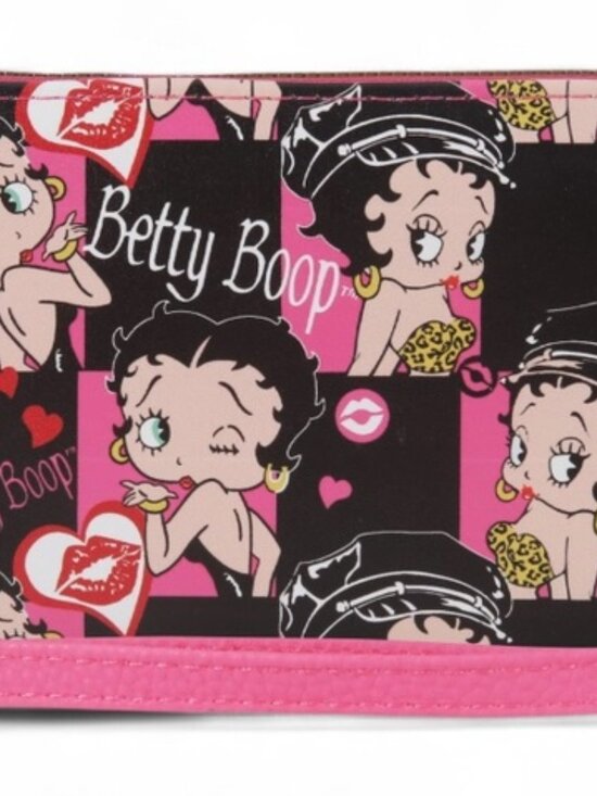 Karriage Mate Handbags - Betty Boop Black Zip Around Wallet with Red Lips Pattern, Multiple Card Slots,